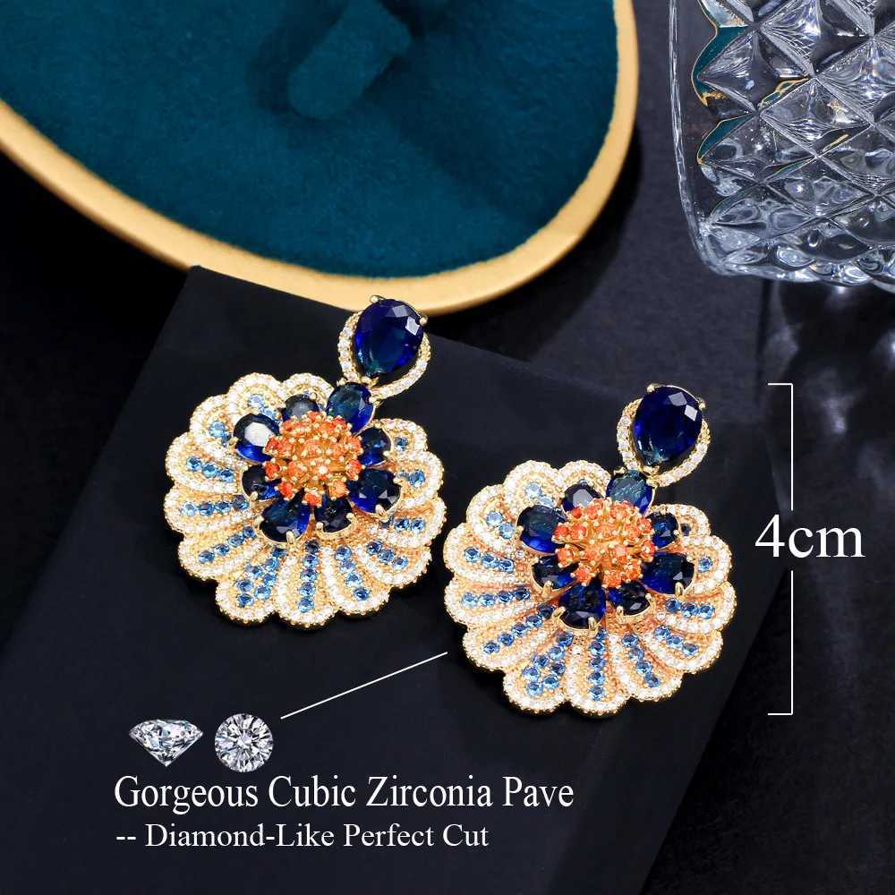 CWWZircon high-quality block blue cubic zirconia pendant large pendant fashionable floral bridal earrings CZ513 Y250401