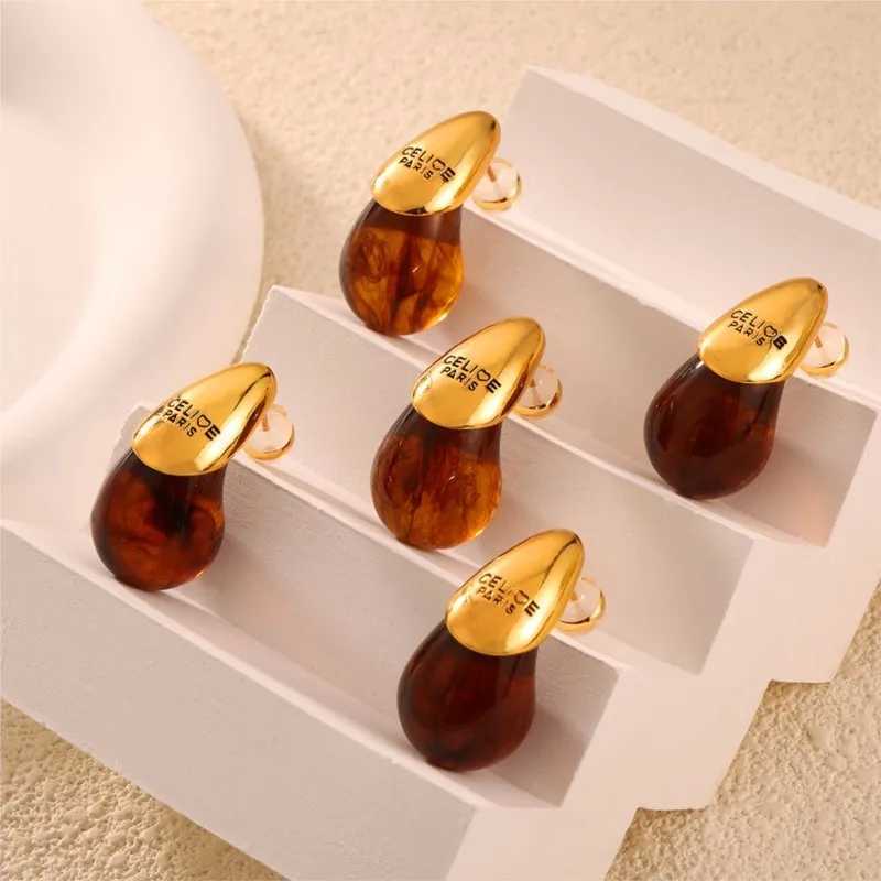 Womens Water Drop Stud Earrings Stainless Steel 18K Gold Plated Waterproof Brown Resin Womens Earrings Tears Earrings Cuff Girls Y250401
