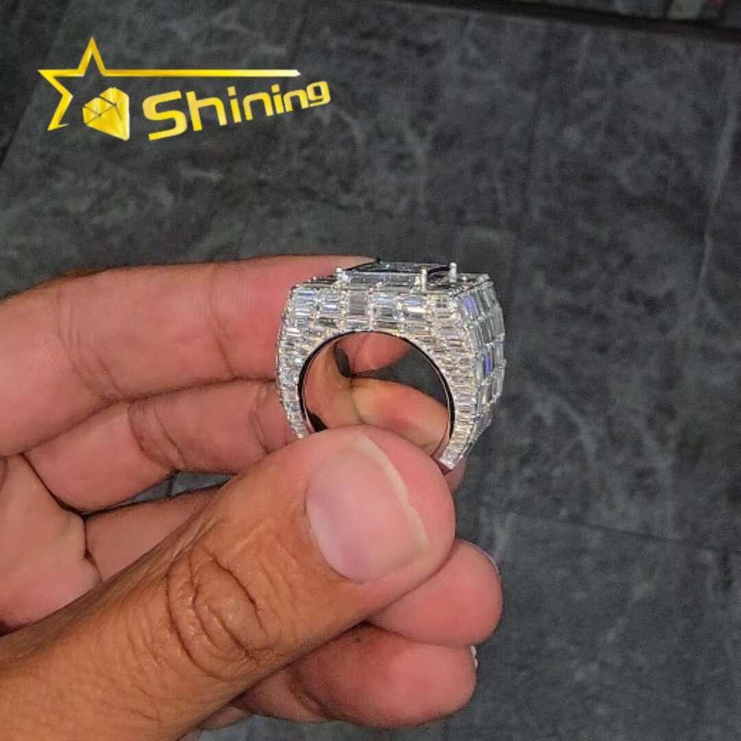 Iced Out VVS Moissanite Baguette Hiphop Championship Rings 925 Sterling Silver Buss Down Sparkling Custom Rings