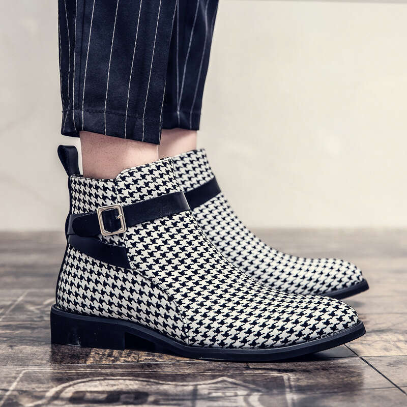 Four Seasons Large Pointed Short High Gang Thousand Grid Bird Buckle Leather Boots Black and White Business Dress Men's Martins