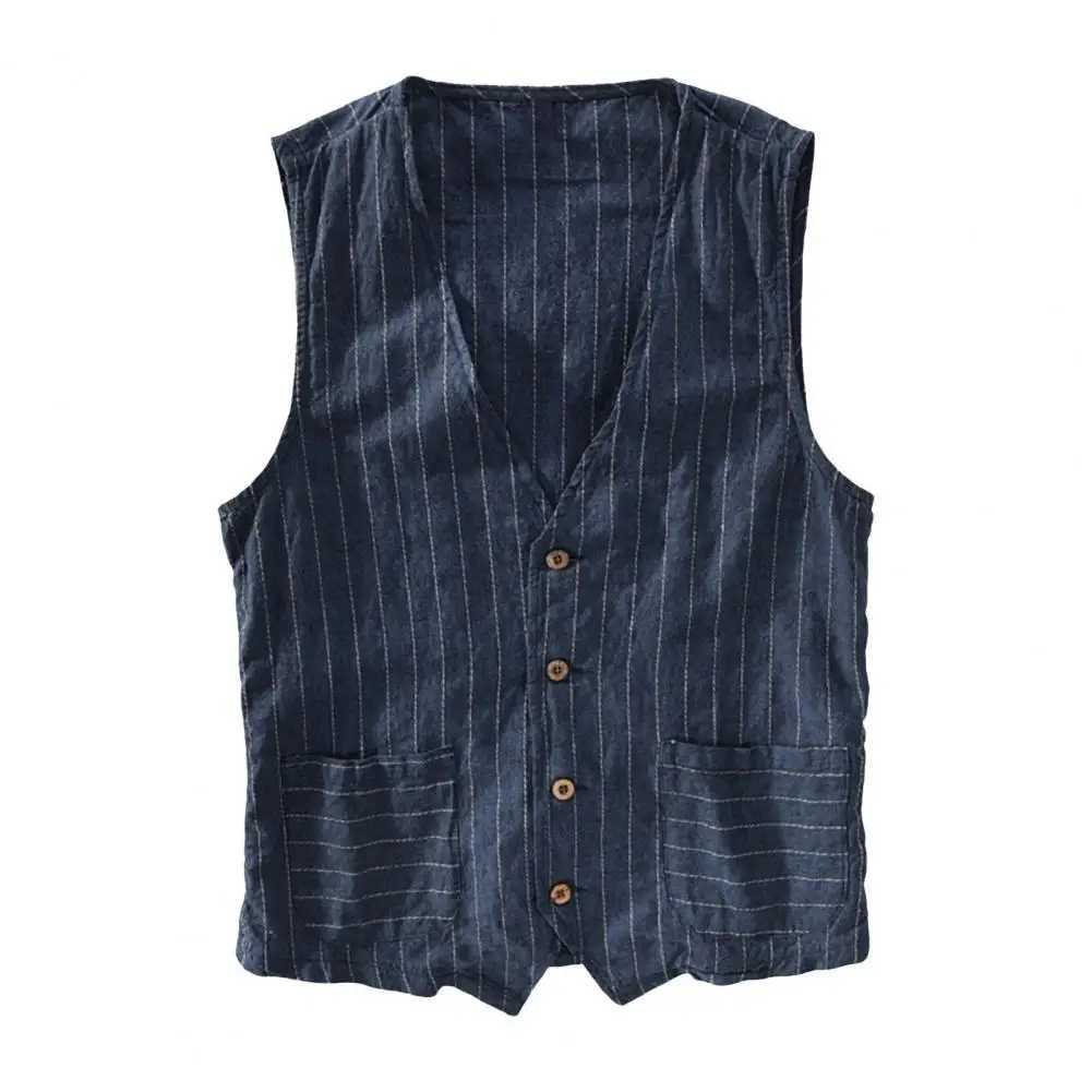 Male Clothing Leisure Suits M-3Xl Summer Linen Vest Thin Vest Men Casual Sleeveless Jacket Stripe Waistcoat X250403