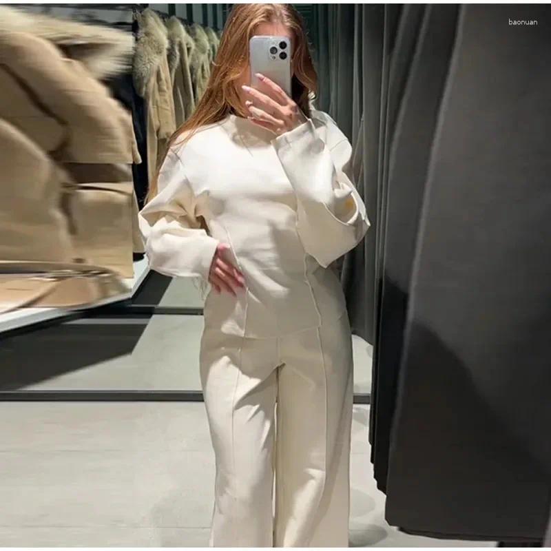 Womens Two-Piece Set Casual Solid Slim O-Neck Top with Long Sleeves & Wide-Leg Pants - Autumn Winter Office Wear C260312