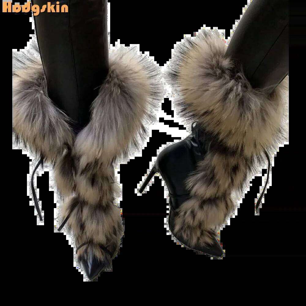Sexy Faux Fur Strappy Solid Pointed Toe Lace-up Stiletto Knee-high Boots Thin Heels 2025 Autumn New Women Fashion Shoes