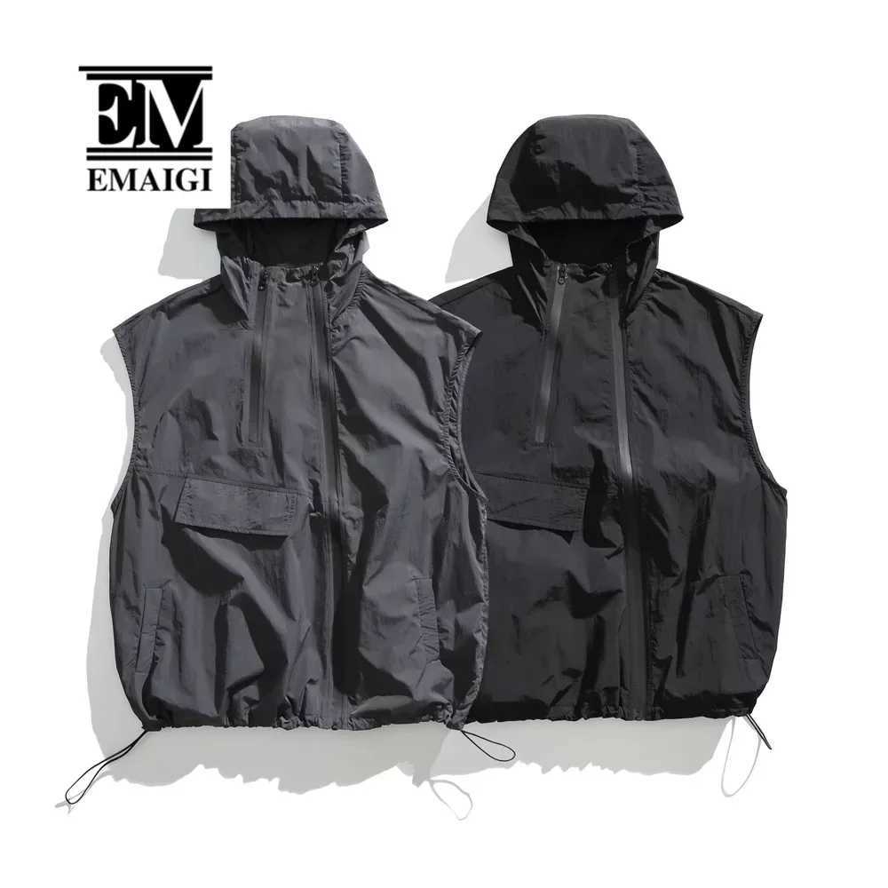 Cityboy Japanese Streetwear Fashion Loose Casual Hooded Vest Men Outdoor Loose Casual Quick Dry Cargo Vest Sleeveless Jacket X250403