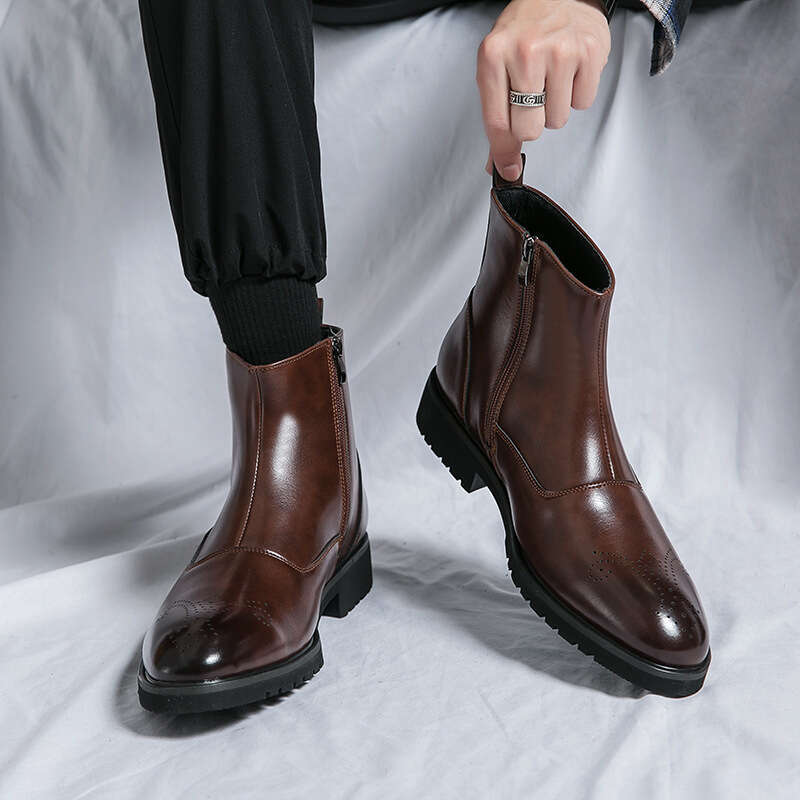2024 Men's Large Size Spring New Leather Boots Fashion British Style High Top Shoes Trend