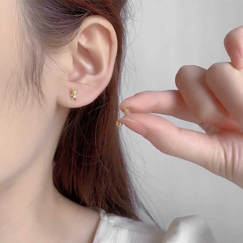 Korean Fashion Pink Zirconic Bear Screw Earrings For Women Girls Cute Animal Cartilage Helix Tragus Ear Piercing Jewelry Gift C251103