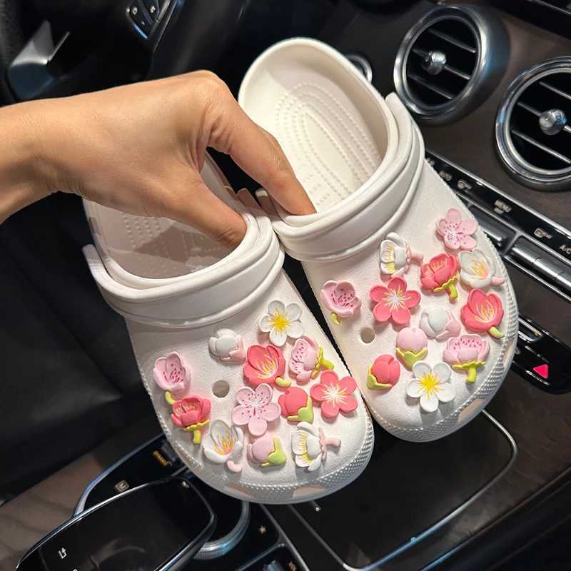 New Elegant Womens DIY Hole Shoes Charm Cute Cherry Blossom Shoes Accessories White Pink Full Match Shoes Decoration Fashion Bundle Z250402
