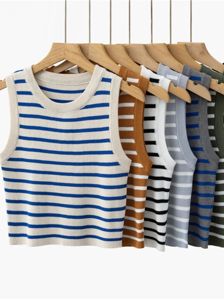 2025 Summer Spring Striped Vest Womens Sleeveless Knitted Tshirt Crop Top Elastic Ultra Thin Casual Zipper 250403e