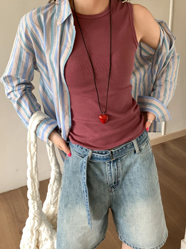 2025 womens vest sexy shoulder Oneck solid knit casual sports basic elastic 250403e