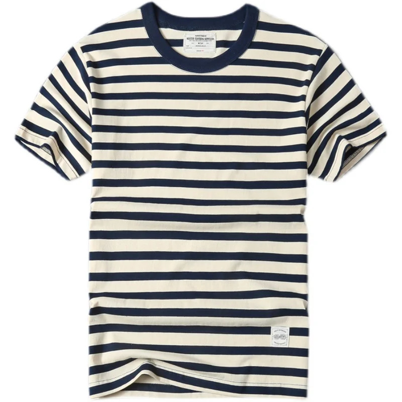 Summer American retro short sleeved O-neck navy blue striped T-shirt for men fashionable and simple 100% pure cotton wash casual sports top 250402