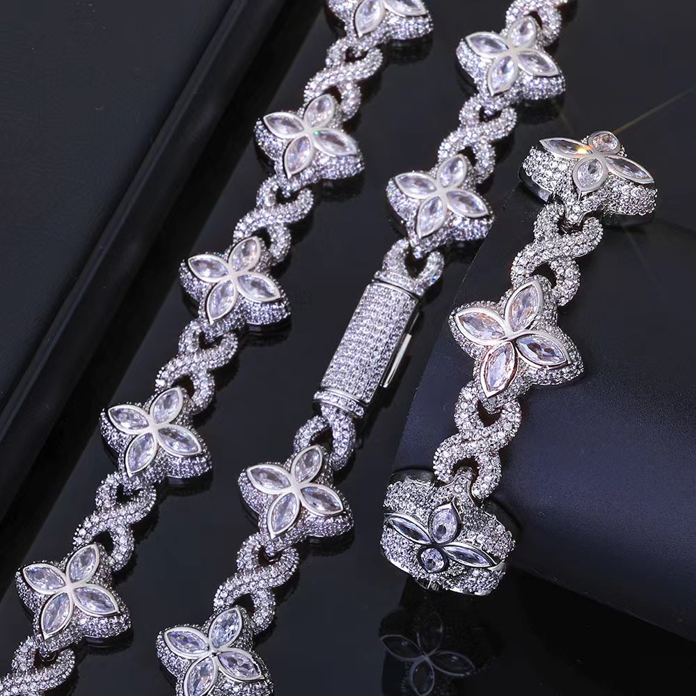 18mm Fashion Sier Marquise Flower Design Hip Hop Jewelry Iced Out Moissanite Dia Infinity Cleef Clover Cuban Bracelet