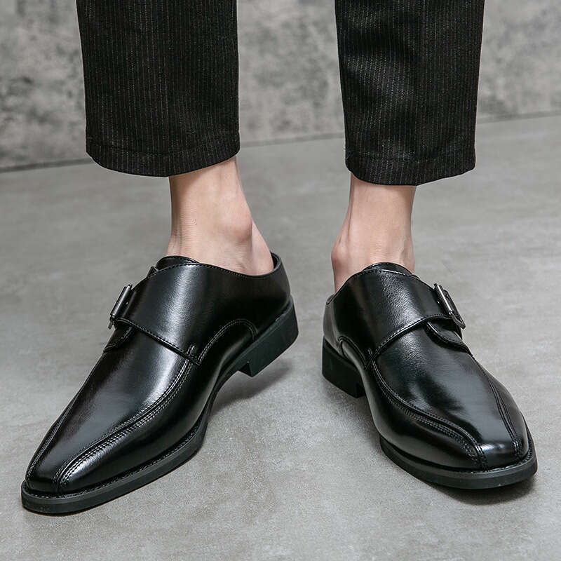 2024 Men's Large Size New Pointed Half Dragged Fashion Hairstylist Set Foot Leather Shoes Korean Edition