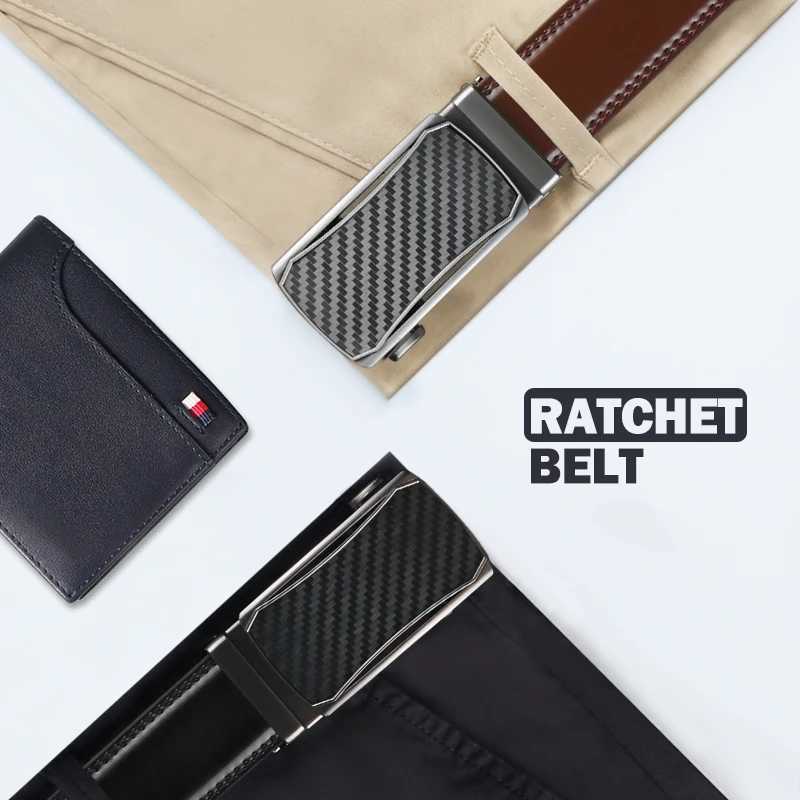 Mens leather ratchet belt - adjustable automatic buckle casual business style high-quality leather panel W250402