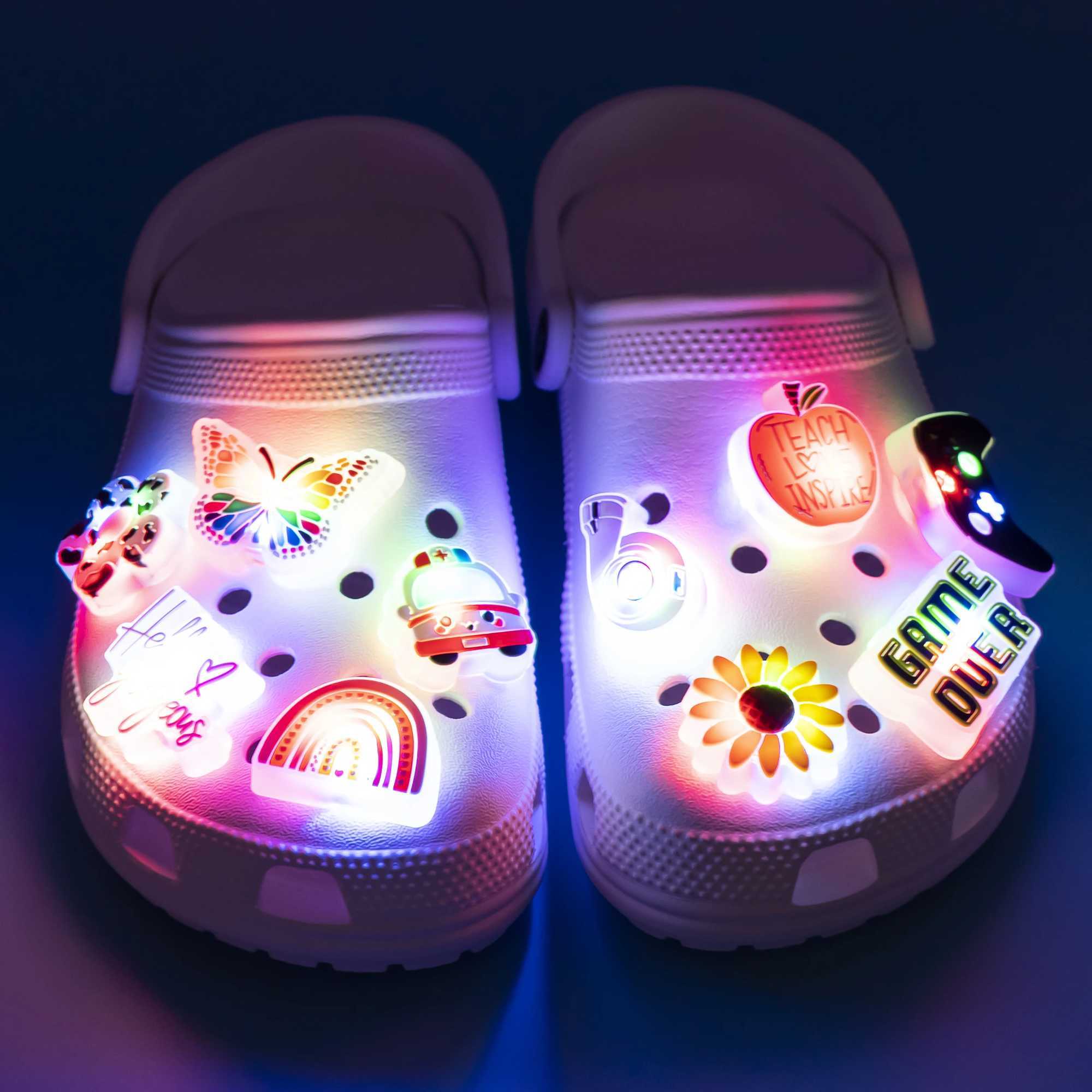 1 game board LED shoe charm football basketball light shoe decoration apple donut sunflower butterfly daisy pin Z250402