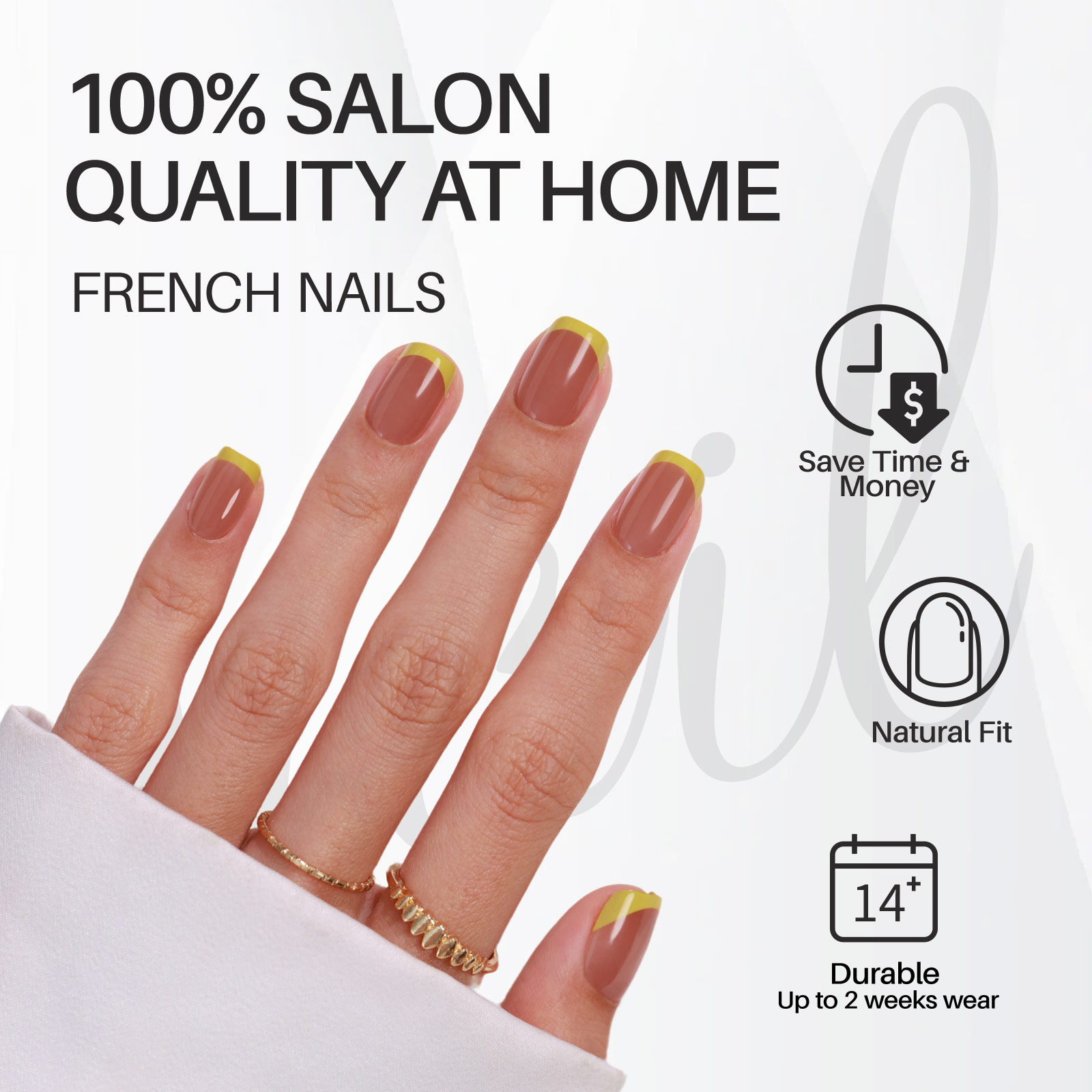 French Gel Pressed Nails Kit: Womens Daily Wear Coffe Yellow Squares Variety Pack Includes 16 Different Sizing Options