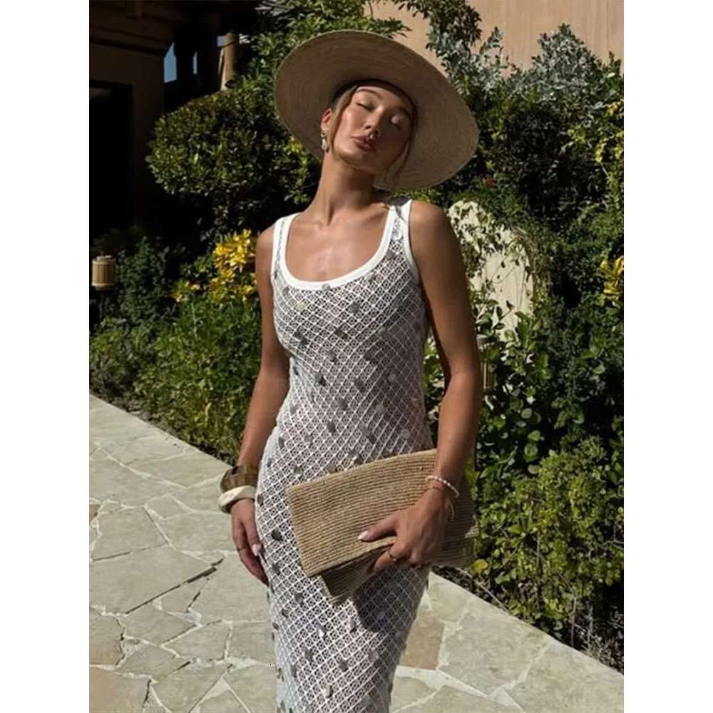Women's Wear Sexy Hollow Out Sequins Crochet Long Dress Women Sleeveless O-Neck See Through Slim Glitter Cover Up 2025 Summer Beach Swimwear