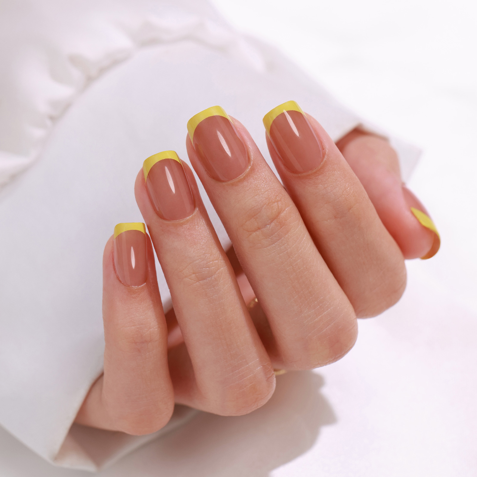 French Gel Pressed Nails Kit: Womens Daily Wear Coffe Yellow Squares Variety Pack Includes 16 Different Sizing Options