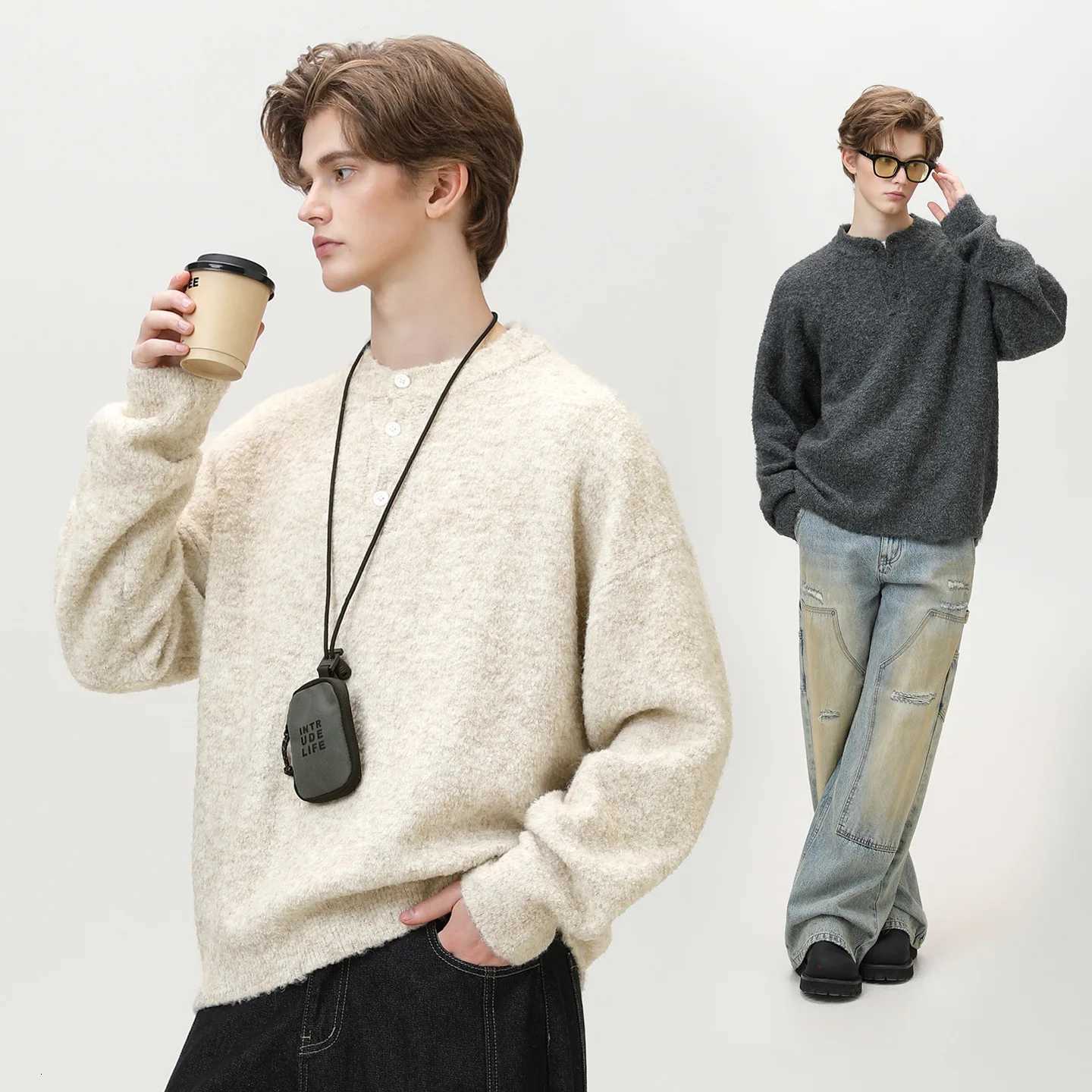 Mens Loose Fit Henley Collar Sweater - Retro Casual Autumn/Winter Style Leisure Warm Thick Sweater O-neckT251103