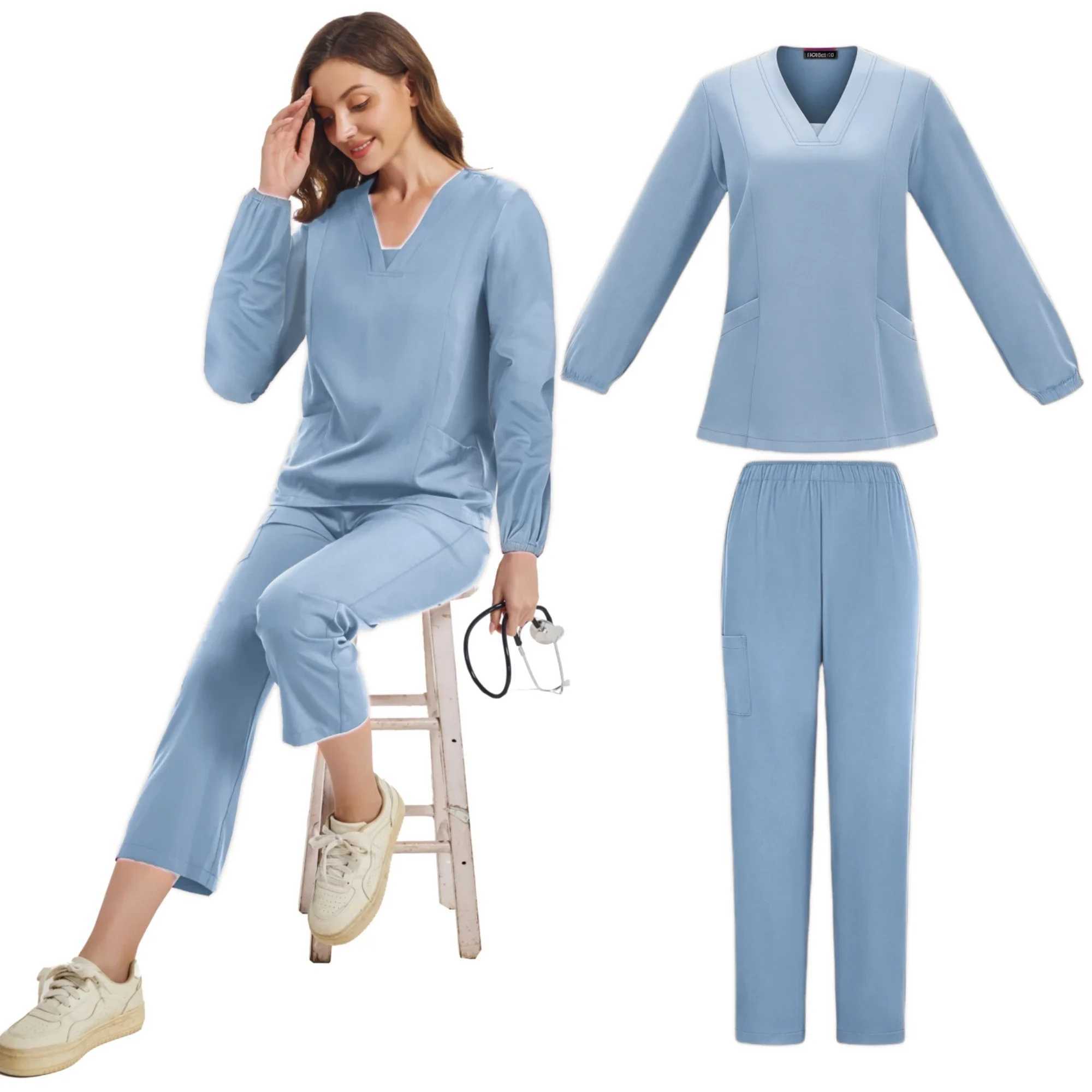 Surgical Uniforms Woman Nursing Long Sleeve Scrubsuit Medical Scrubs Hospital Top VNeck Doctor Nursing Long Scrubs Jogger Sets J251103