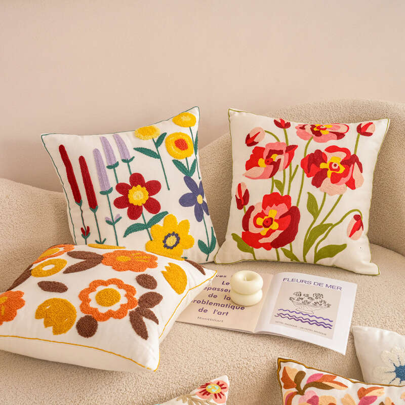 New Towel Embroidered Pillowcase Pastoral Style Canvas Sofa Pillow Home Bedside Bay Window Cushion Office Lumbar Support