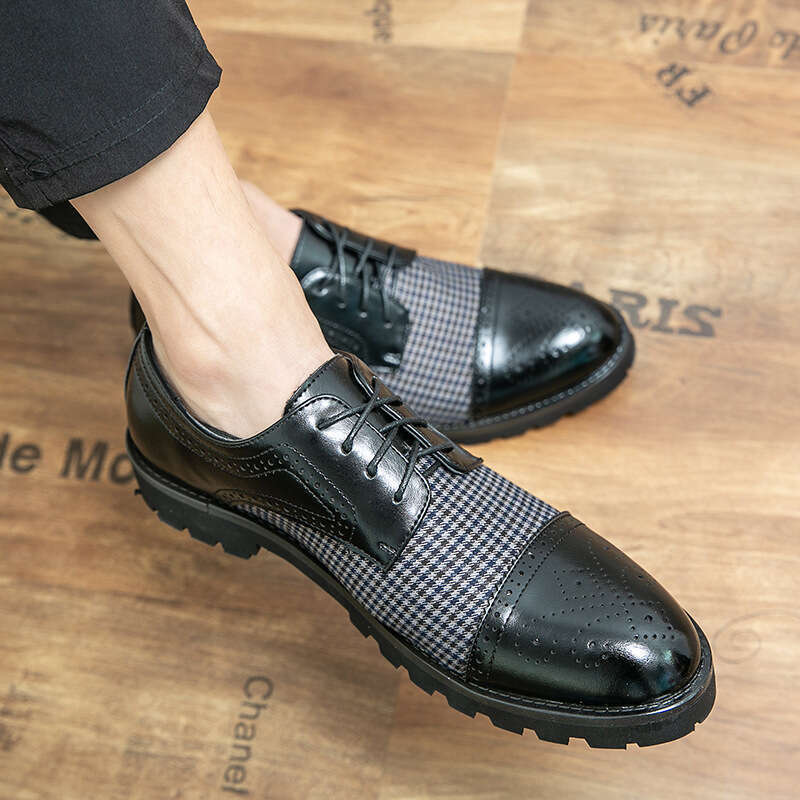 New Spring Fashion Trend Outdoor Large Block Carved Cloth Face Splicing Men's Leather Shoes