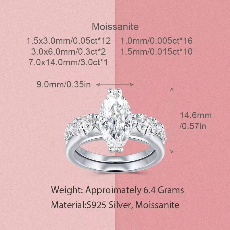 Custom Sterling Silver Marquise Moissanite Gemstone Rings Double Weddings Rings Wholesale Fashion Jewelry Luxury Women Ring