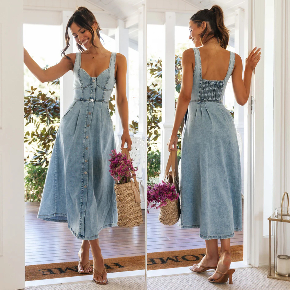 Womens Denim Dress Sleeveless V Neck Button Down Front Stretchy Back A-Line Dress Patchwork Suspender Low Back Sexy Casual Dress