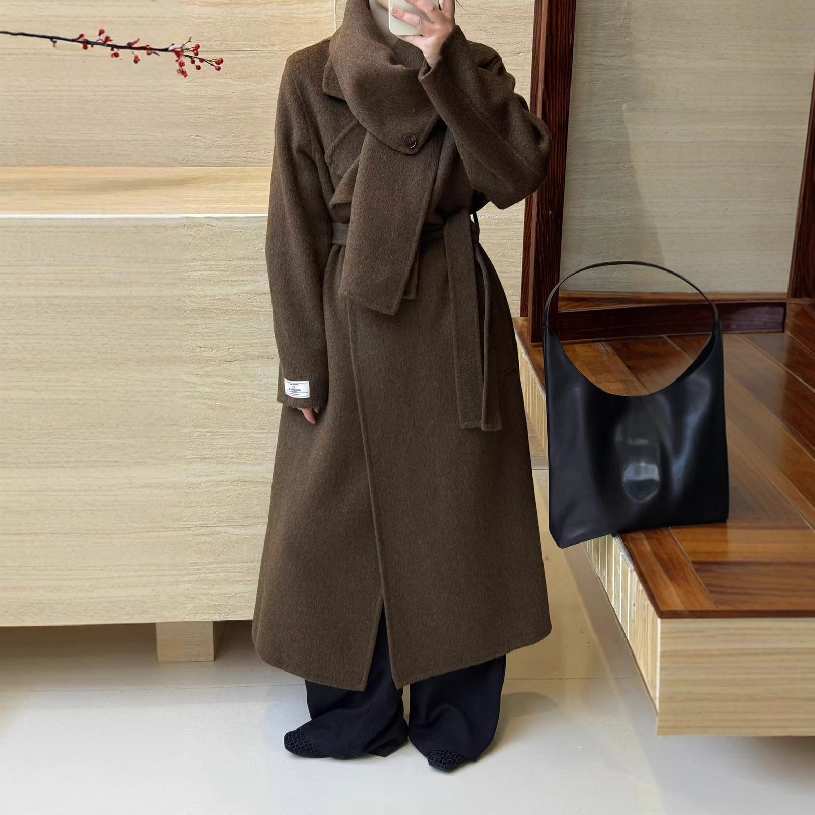 vintage brown scarf collar womens coat with belt fashionable long sleeved pockets wool jacket womens loose streetwear 241108