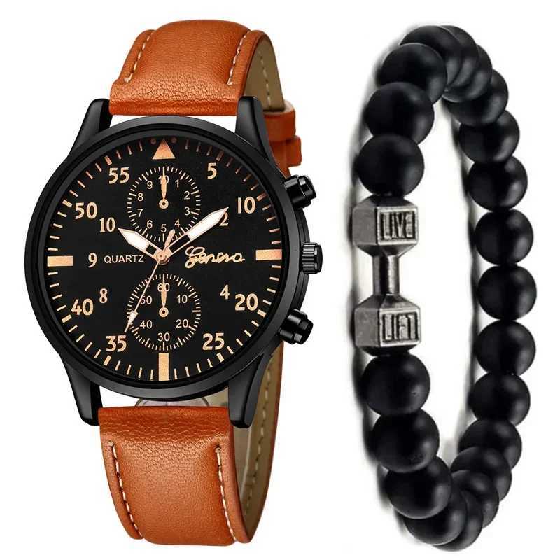 2PCS/Set Men Business Watches Fashion Arabic Dial Leather Band Mens Quartz Watch Bracelet Set Relogio Masculino W251104