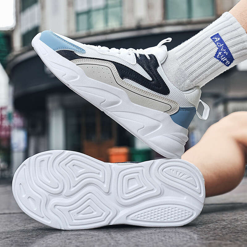 Large size breathable mesh Spring and Autumn new fashionable casual single Men's color blocked sports thick soled white shoes
