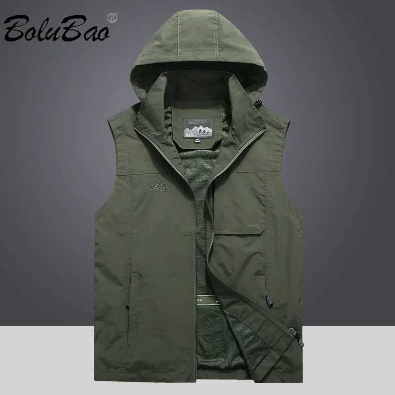 BOLUBAO 2024 Outdoor Casual Vest For Men Solid Color Hooded Large Pocket Coat High Quality Design Casual Vest For Men X2504032