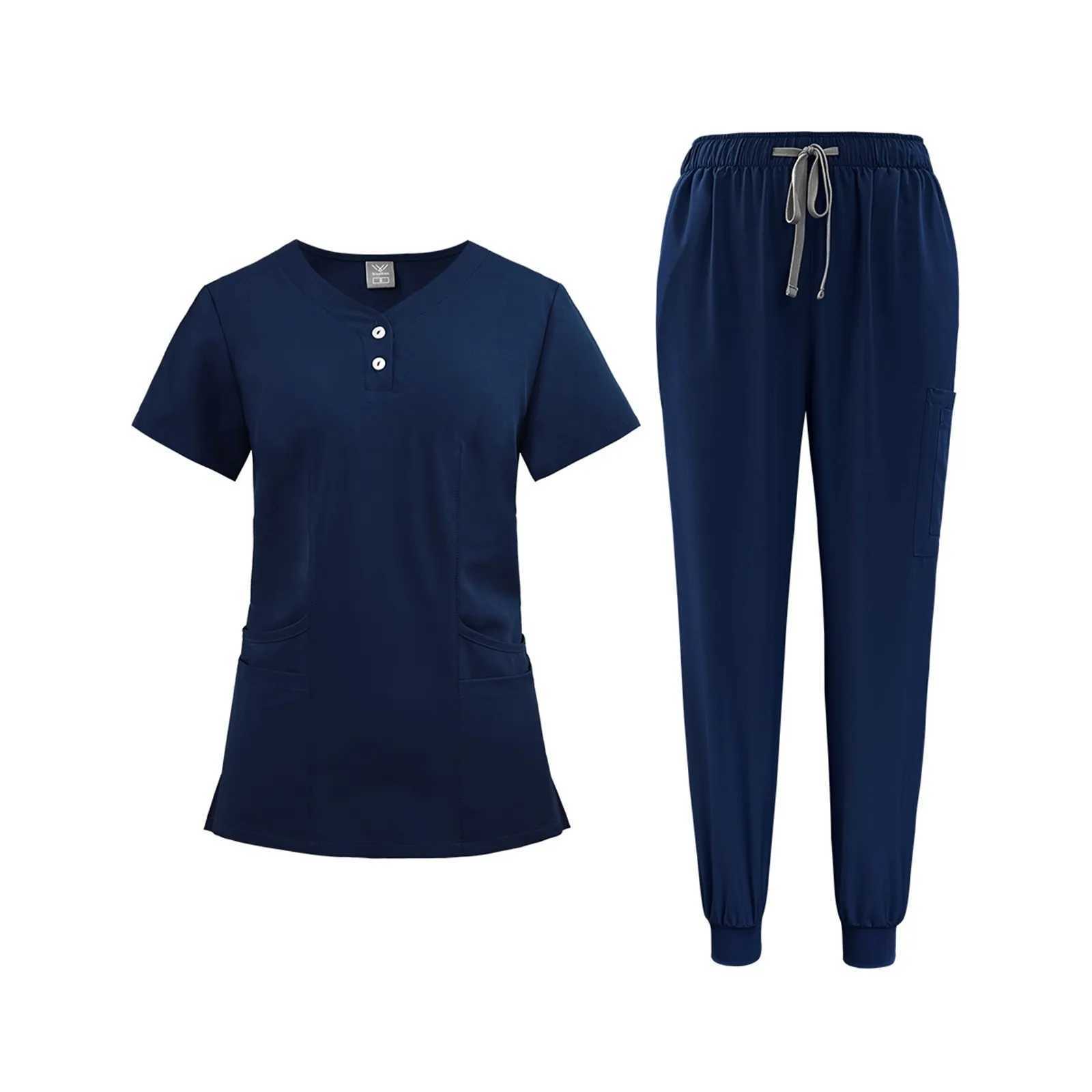 WomenS Nurse Uniform QuickDrying Fabric Solid Color VNeck Button Pocket ShortSleeved Trousers Suit Nursing Work Clothes J251103