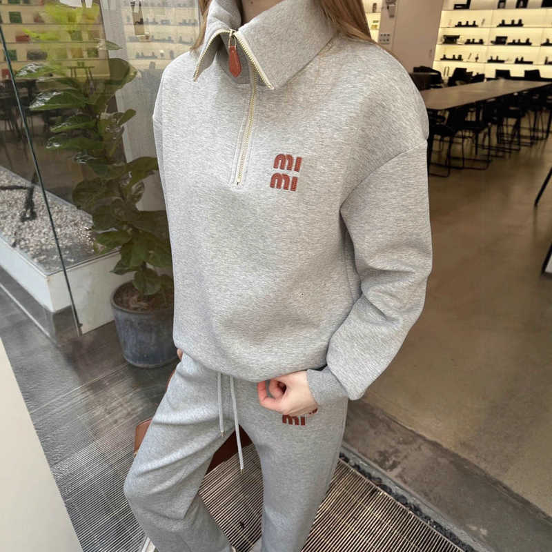 Women's Jackets Designer Autumn New Turn-Down Collar Zipper Top Elastic Waist Casual Pants Elegant Two-Piece Set 6VGB