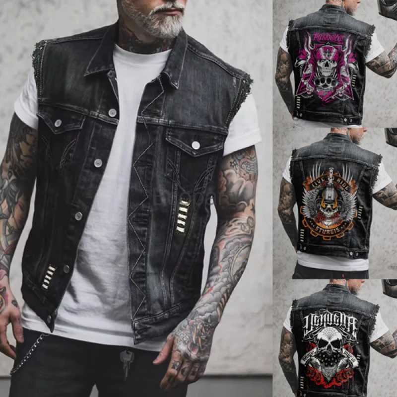 New Mens Fashion Motorcycle Vest Spring Autumn Skull Printed Distressed Hole Sleevless Punk Denim Vest Jackets Black Streetwear X250403