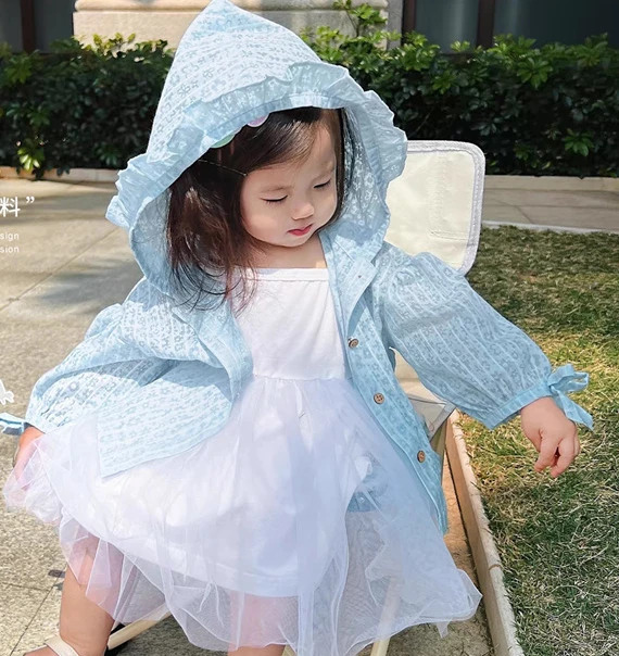 Girls summer coat sun protection clothing childrens lightweight hooded cute lace fashion solid color 250325z