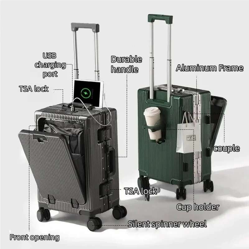 Aluminum Alloy Frame Suitcase Front Opening Pocket USB Charging Plug Rolg Lage Trolley Case Bag with Spinner Wheel