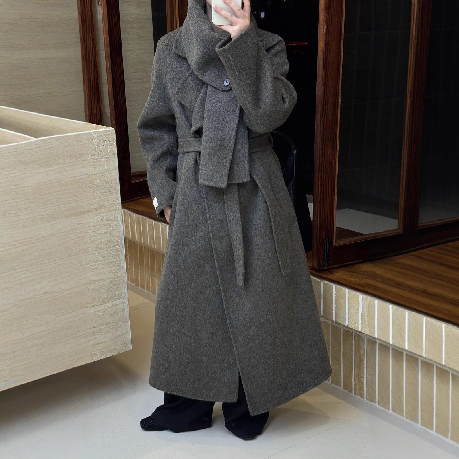 vintage brown scarf collar womens coat with belt fashionable long sleeved pockets wool jacket womens loose streetwear 241108