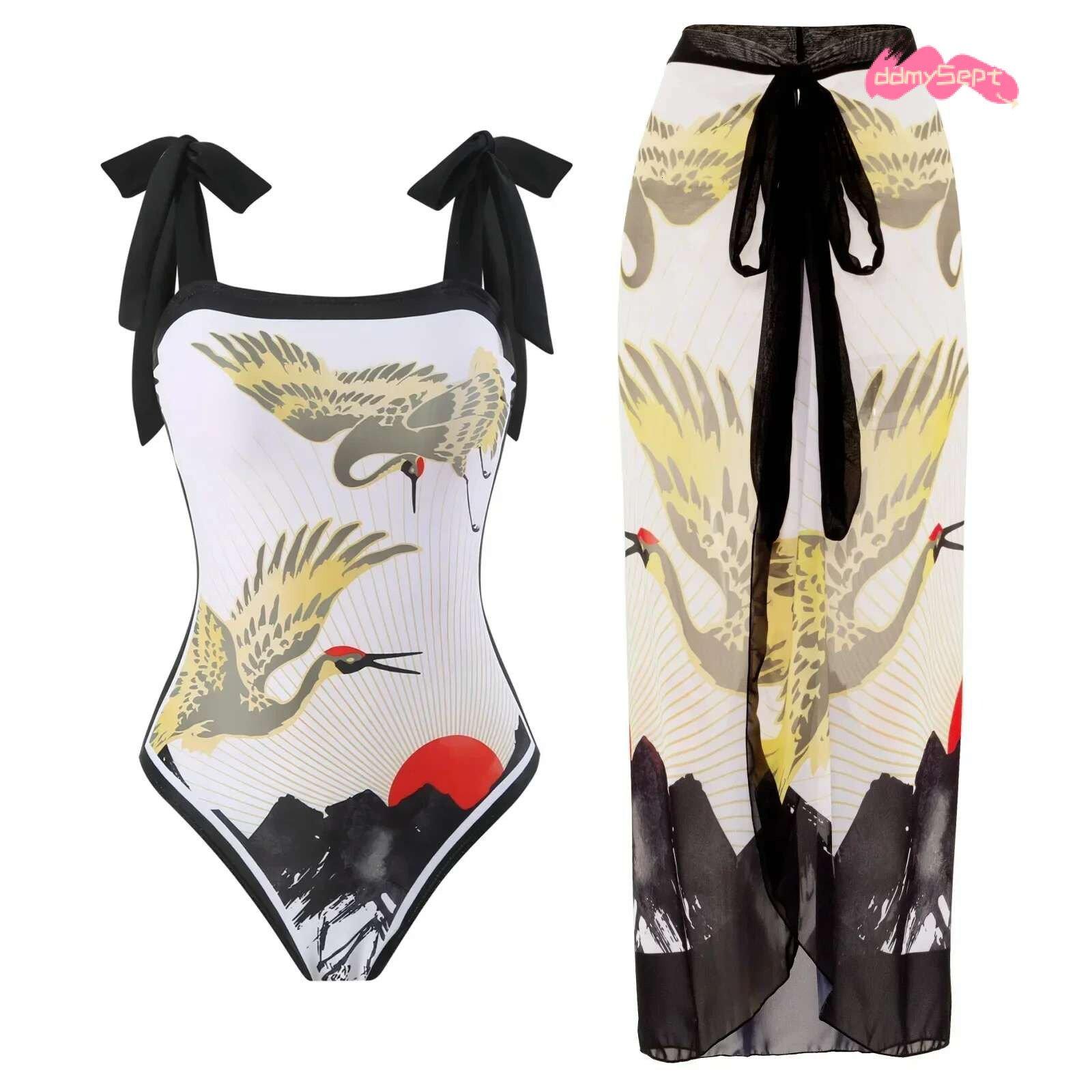 One Piece Swimsuit Bikini with Skirt Swimwear Summer Women Bowknot Cover Up 2025 New Elegant Brazilian Beach Bathing Suit ddmySept