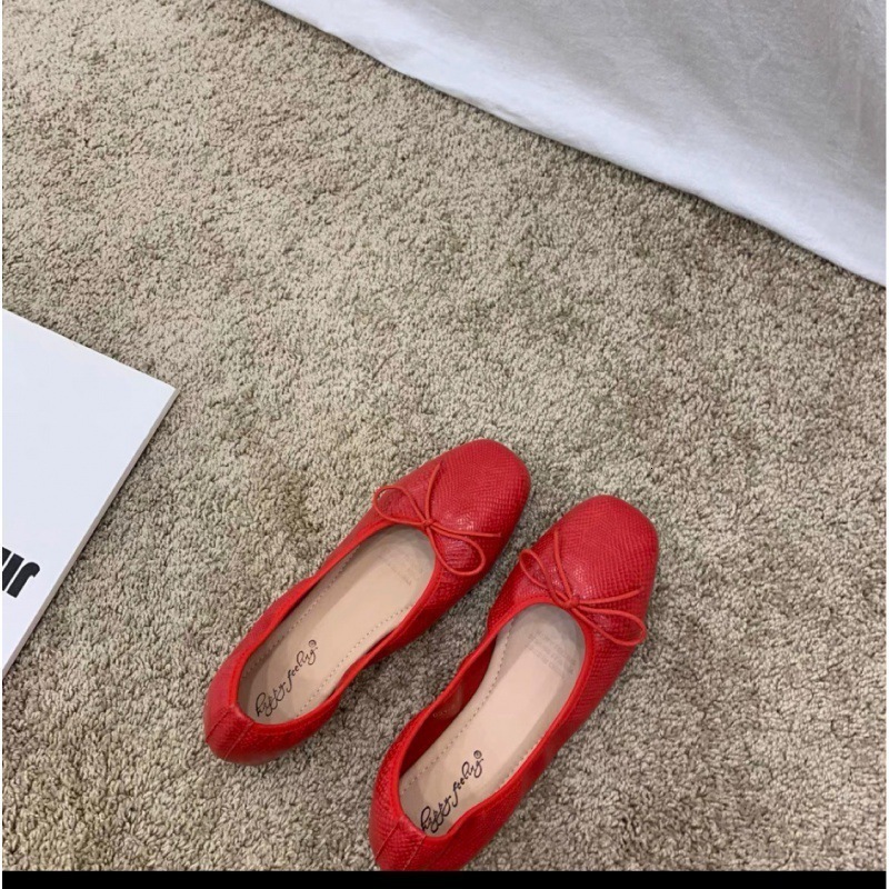 2024 Summer New Fashionable Versatile Butterfly Bow Shallow Mouth Flat Bottom Small Red Single Shoes 241206