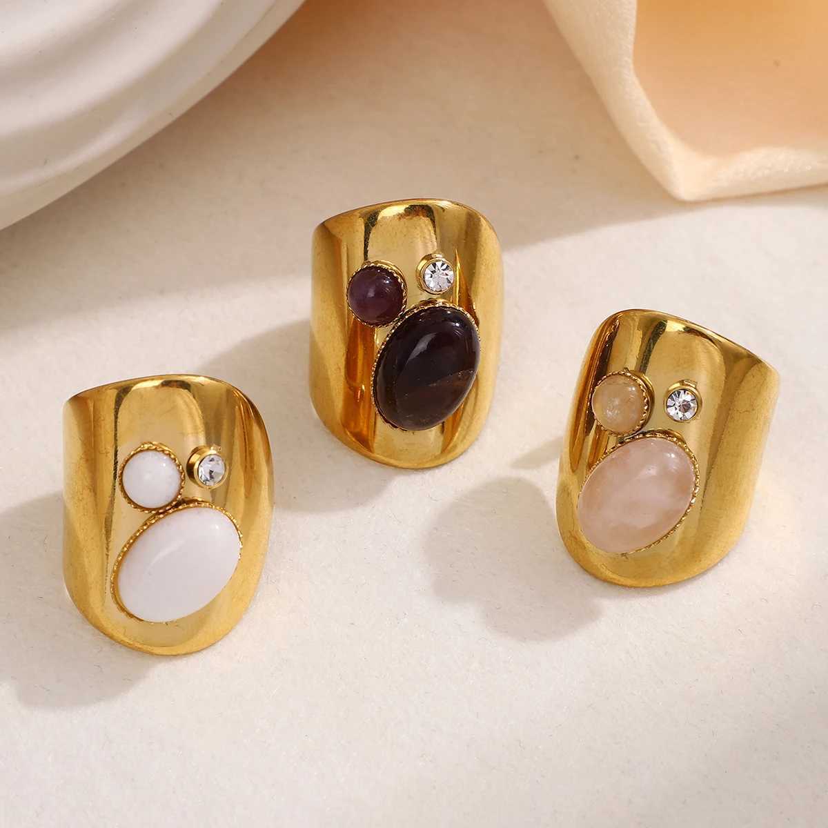 Retro Wide Stainless Steel Rings For Women Girls Vintage Boho Natural Stones Zircon Adjustable Wedding Engagement Ring Jewelry C251103