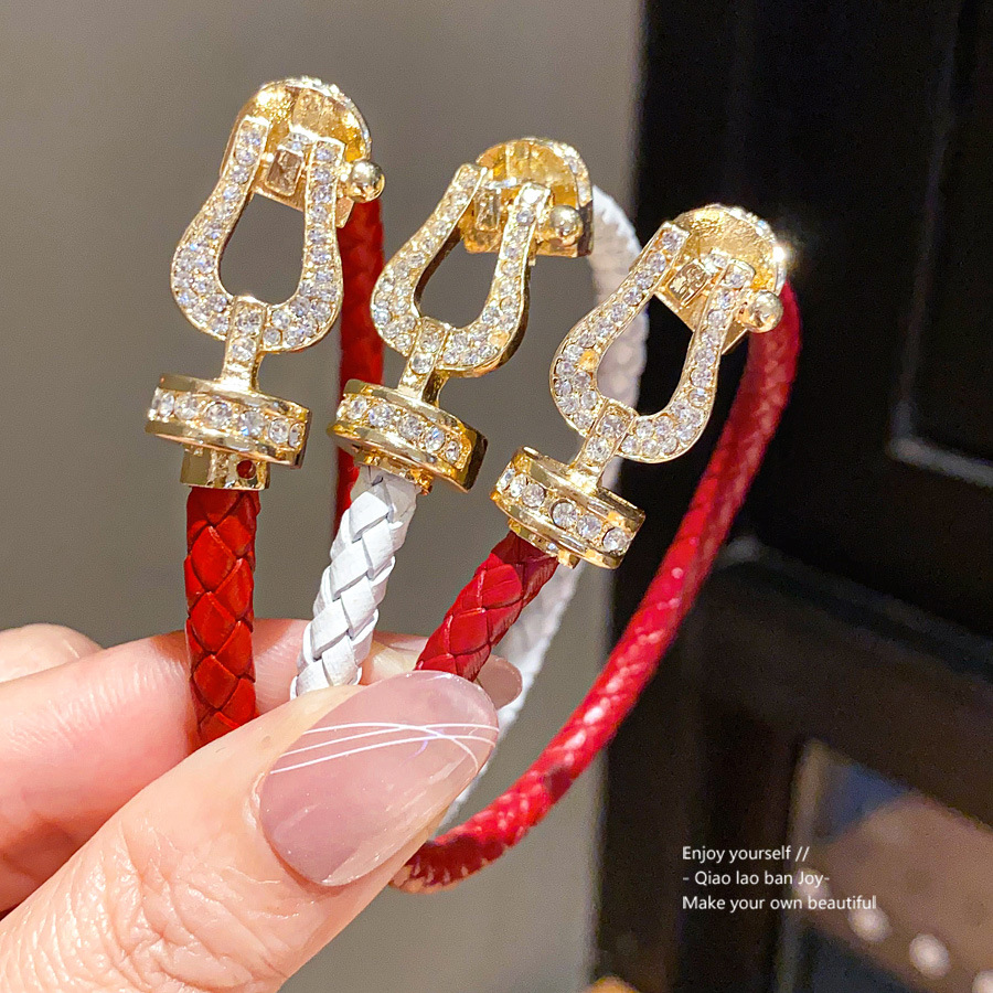 Gold Toned Red Braided Leather Bracelet With Rhinestone Embellished Clasp Detail Delicate Daily Elegant Jewelry Gift For Her High Quality Stylish Acce