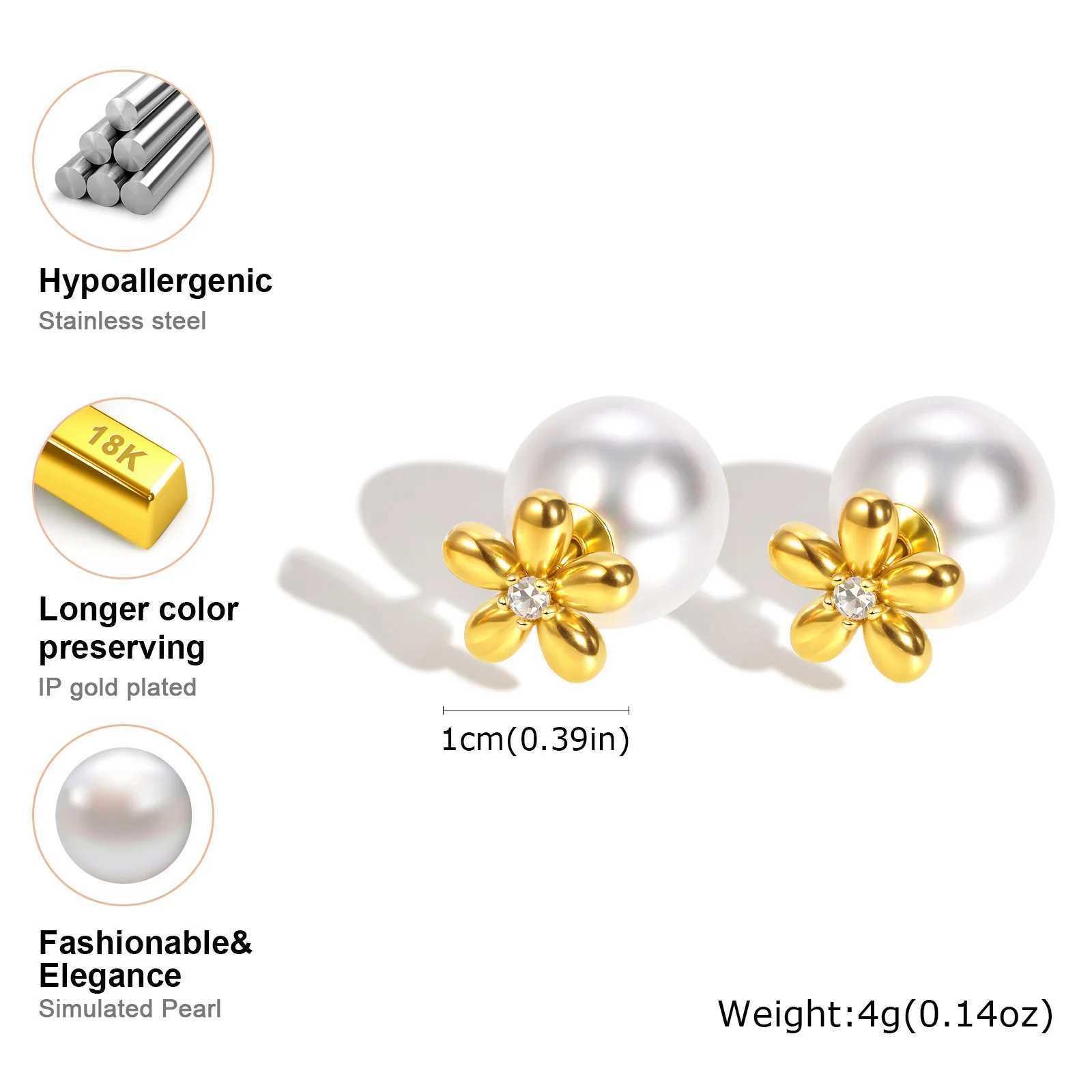 Zircon Flower Imitation Pearl Earrings for Women Stainless Steel Gold Plated Stud Earrings Fashion Waterproof Daily Jewelry C251103
