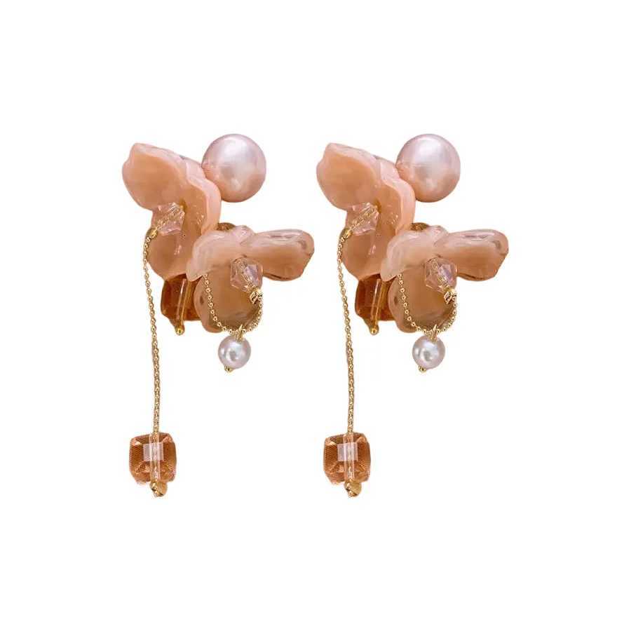 2025 New Arrival Sweet Pink Flower Tassel Pearl Dangle Earrings For Women Fashion Elegant Crystal Geometry Jewelry Gifts Y250401