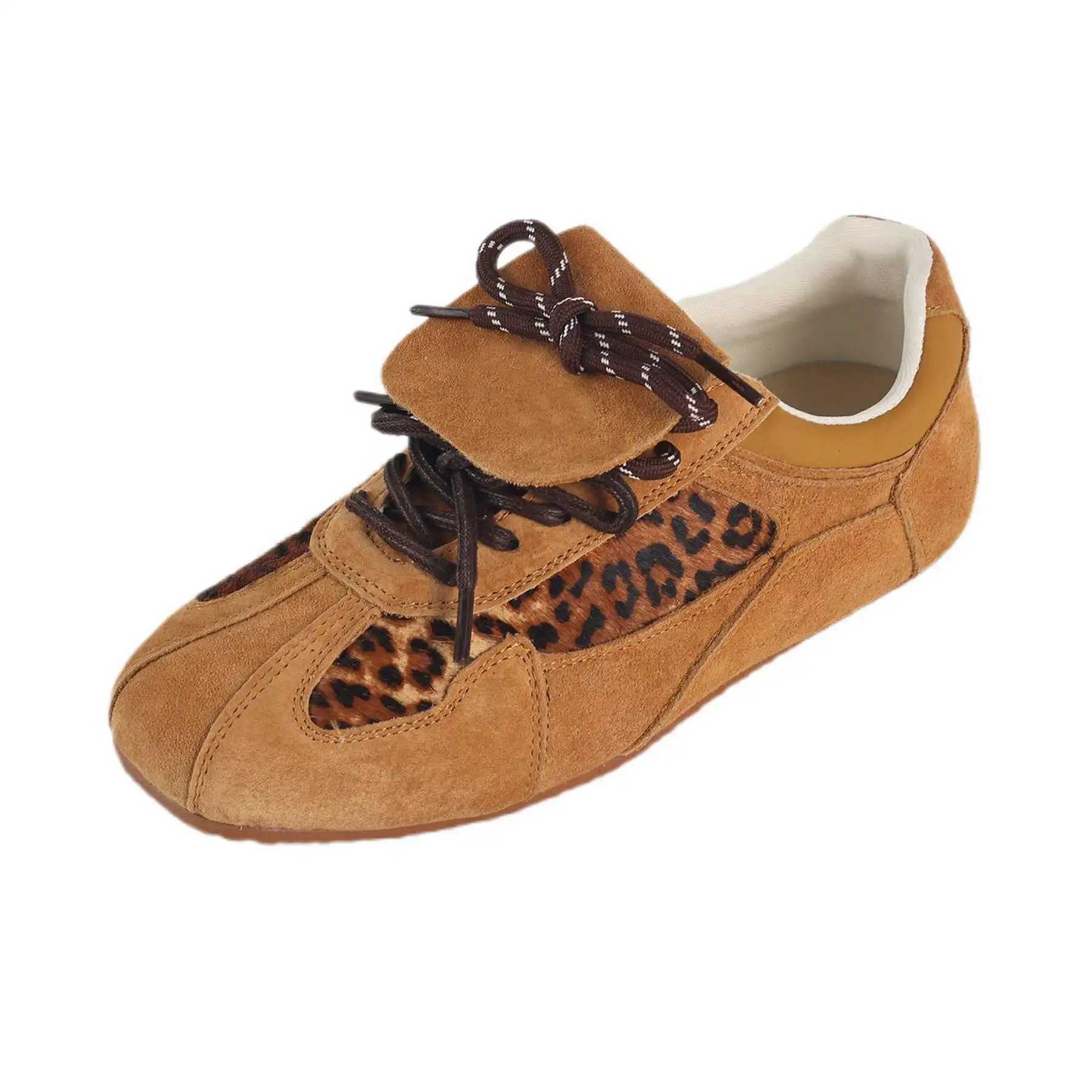Lanxuryee Cow Suede Horsehair Leopard Spring Autumn Shoes Lace Up Sneakers Butterfly-knot Elegant Casual Women Vulcanized ShoesC250402