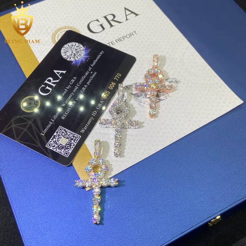 Hot Sale Iced Out Moissanite Cross Pendant Flower Shape HipHop 925 Silver Moissanite Pendant Men Pass Diamond Tester with GRA