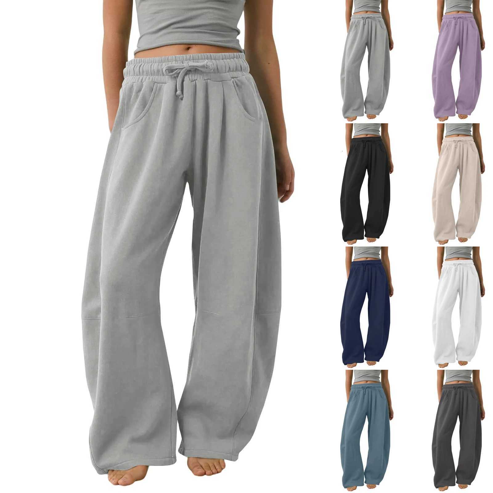 Womens Barrel Leg Sweatpant Solid Color Drawstring Elastic Waisted Wide Leg Pants Casual Comfy Palazzo Trousers With PocketsT251103