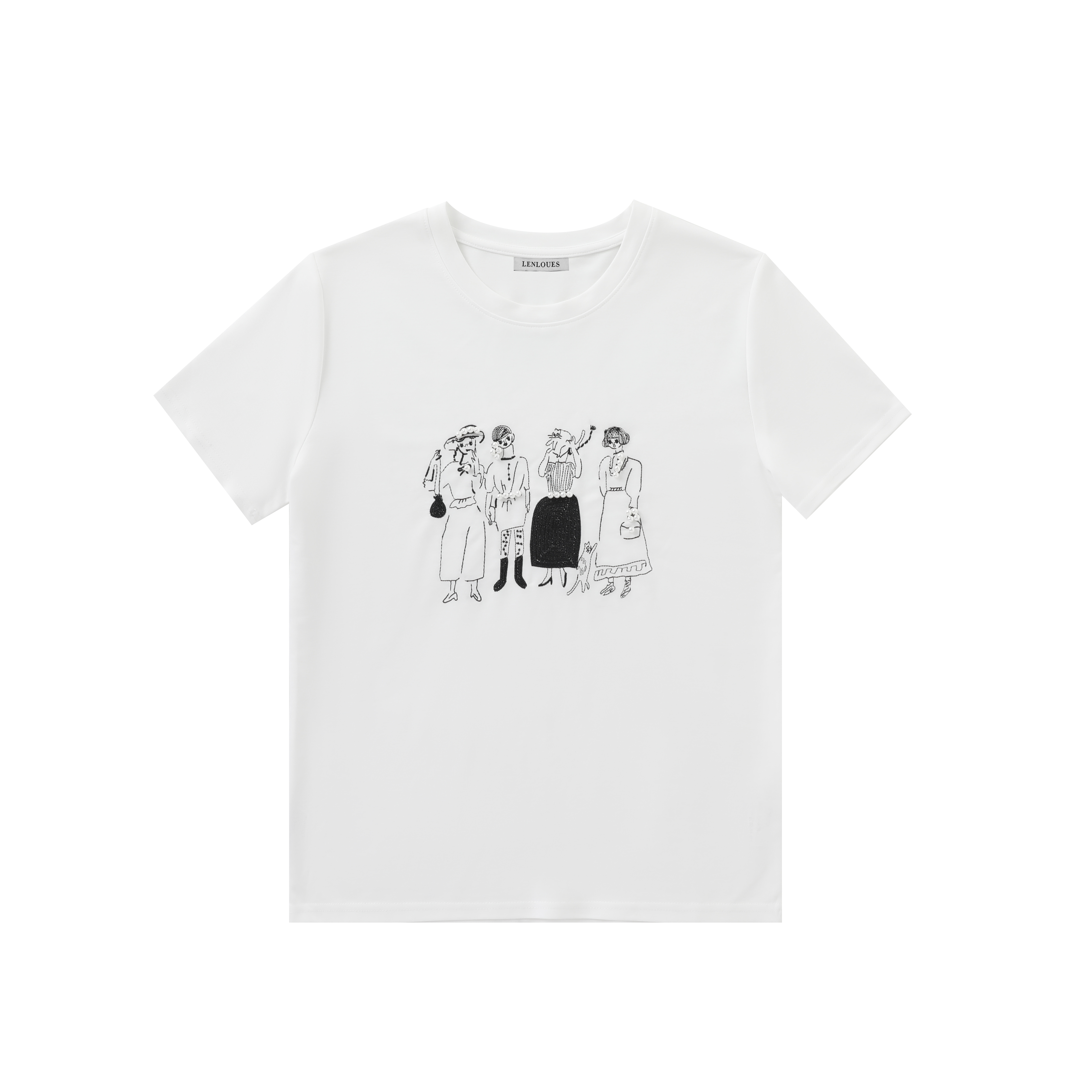 LENLOUES Women's Vintage Cartoon Print Short Sleeve T-Shirt | White Cotton Crew Neck Tee, Artistic Graphic Casual Top for Daily & Streetwear LNS-