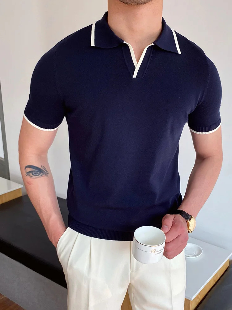 Summer Mens Fashion Polo Shirt Short Sleeve Collar Splicing Work Leisure Polo Mens Clothing Mens Top Zipper Street Clothing 250402