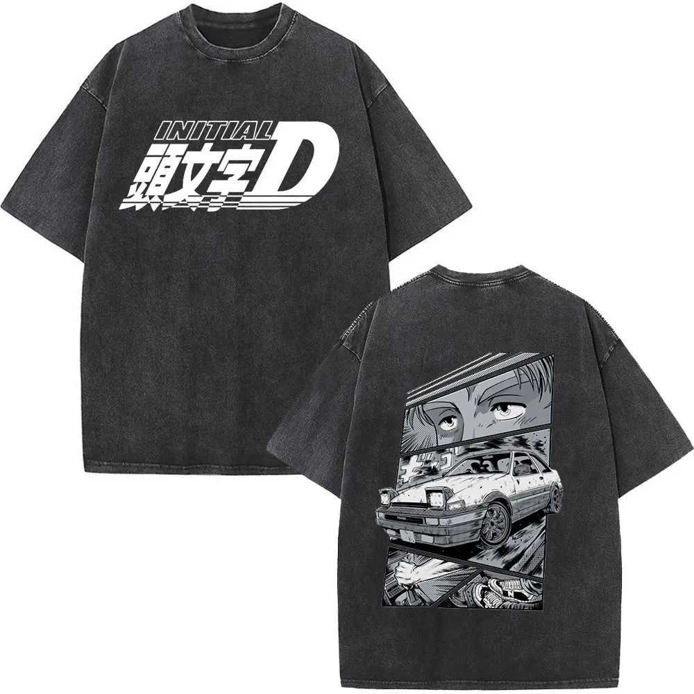 Anime Initial D AE86 Drift Akagi RedSuns Vintage Washed T Shirt Takumi Fujiwara R34 Skyline GTR JDM Race Car Oversized T-shirts X250403