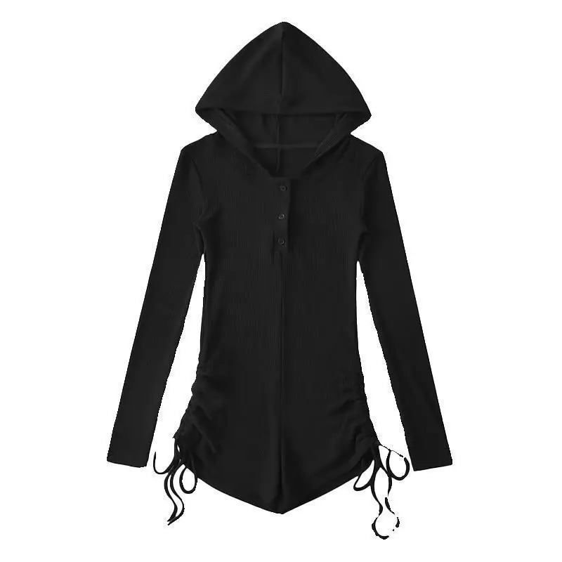 Fashionable black women's jumpsuit summer slim fit long sleeved drawstring shorts niche spicy girl hoodie 2026